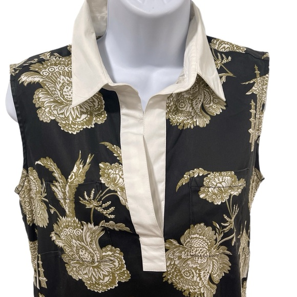 Tizzie Mini Dress Small Sleeveless Chinoiserie Black, Khaki White Trim Pockets - Picture 3 of 9